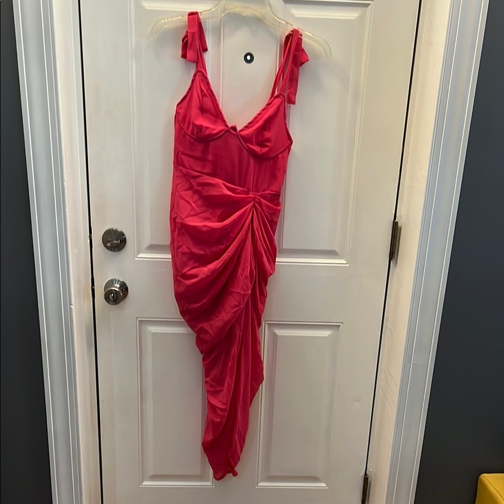 PrettyLittleThing Pink Asymmetrical Ruched Midi Cocktail Gown
